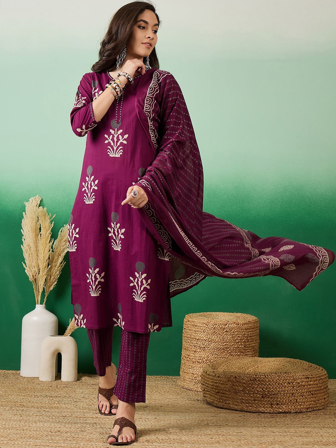 

Vastramyaa Floral Printed Sequinned Pure Cotton Straight Kurta With Trousers & Dupatta, Purple