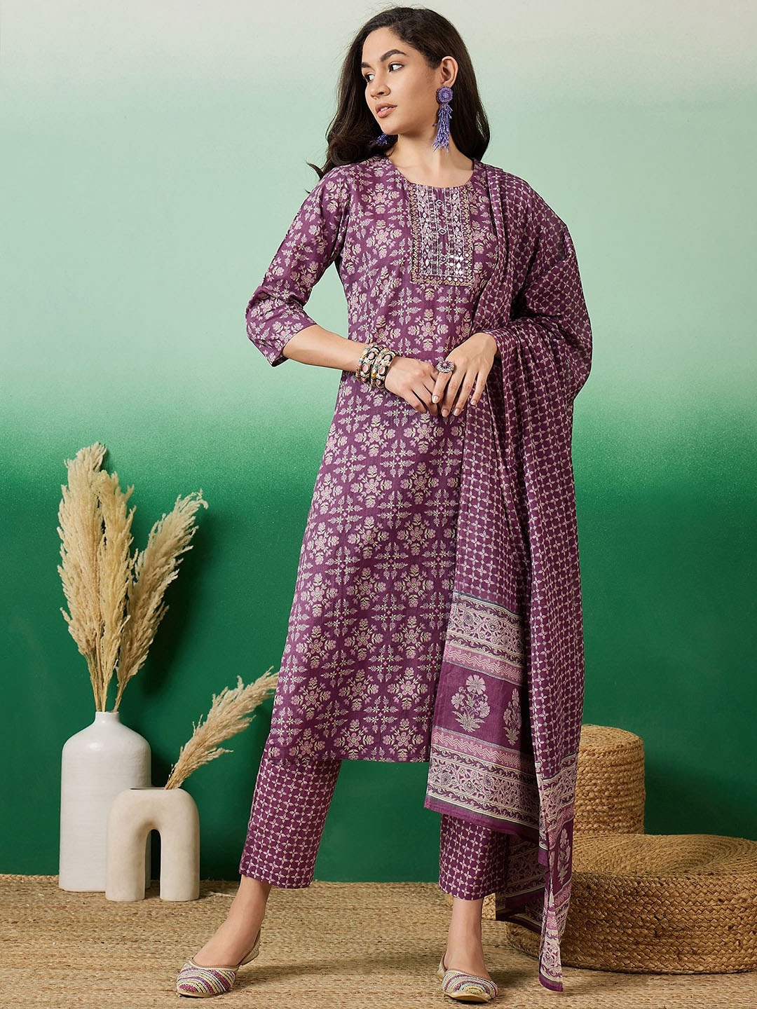 

Vastramyaa Floral Printed Mirror Work Pure Cotton Straight Kurta With Trousers & Dupatta, Purple