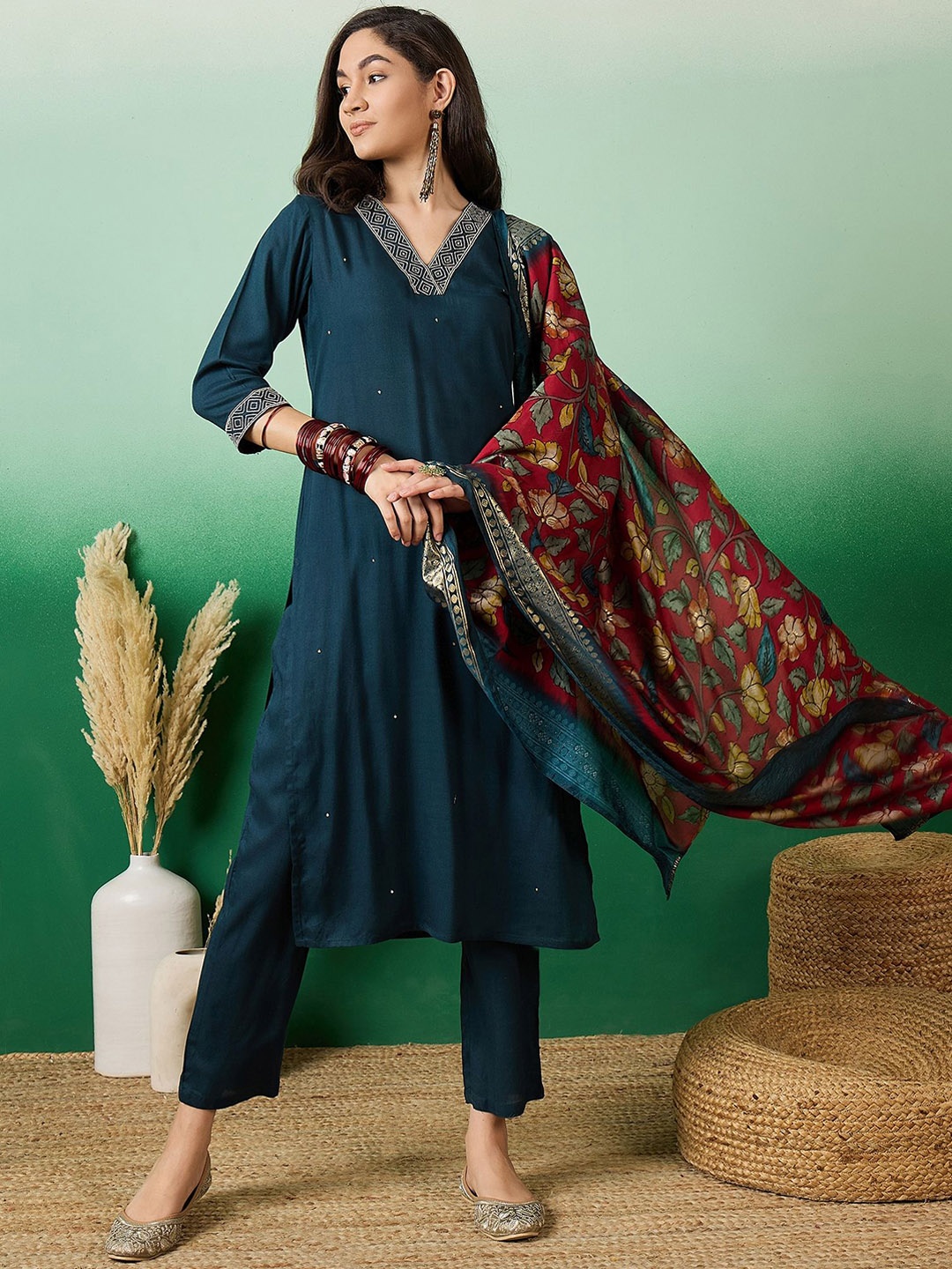 

Vastramyaa Floral Yoke Design Zari Work Straight Kurta With Trousers & Dupatta, Teal