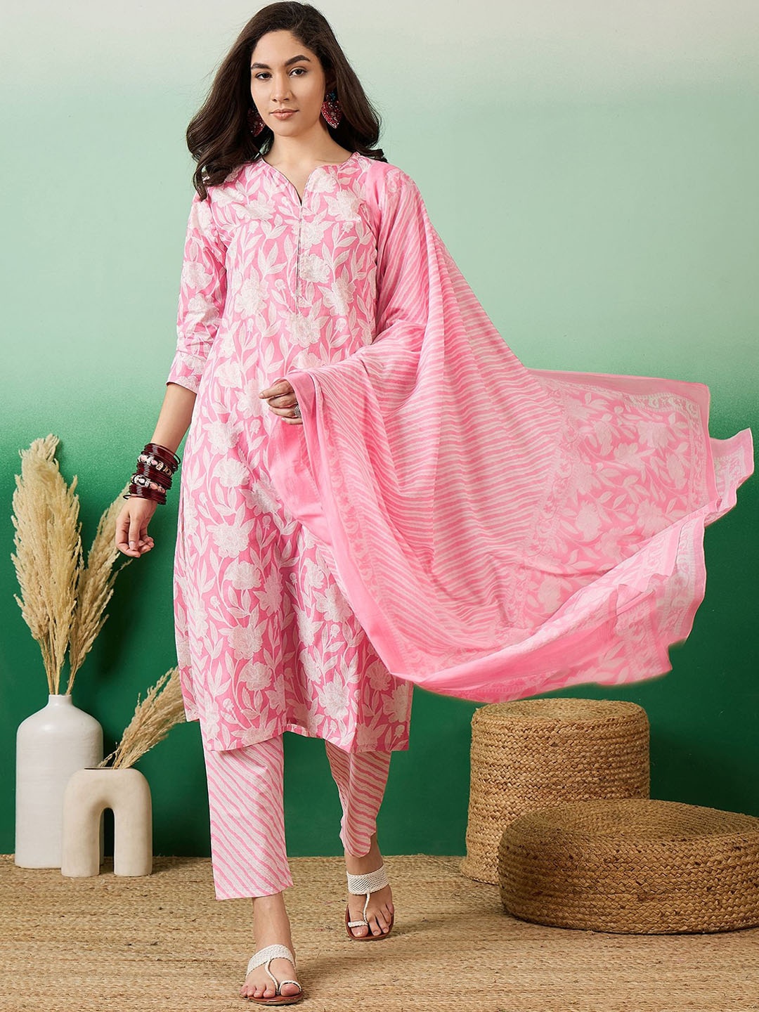 

Vastramyaa Floral Printed V-Neck Pure Cotton Straight Kurta With Trousers & Dupatta, Pink
