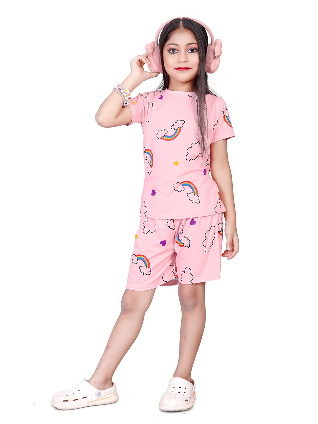 

4JSTAR Girls Graphic Printed Slip On Round Neck T-shirt and Short, Peach