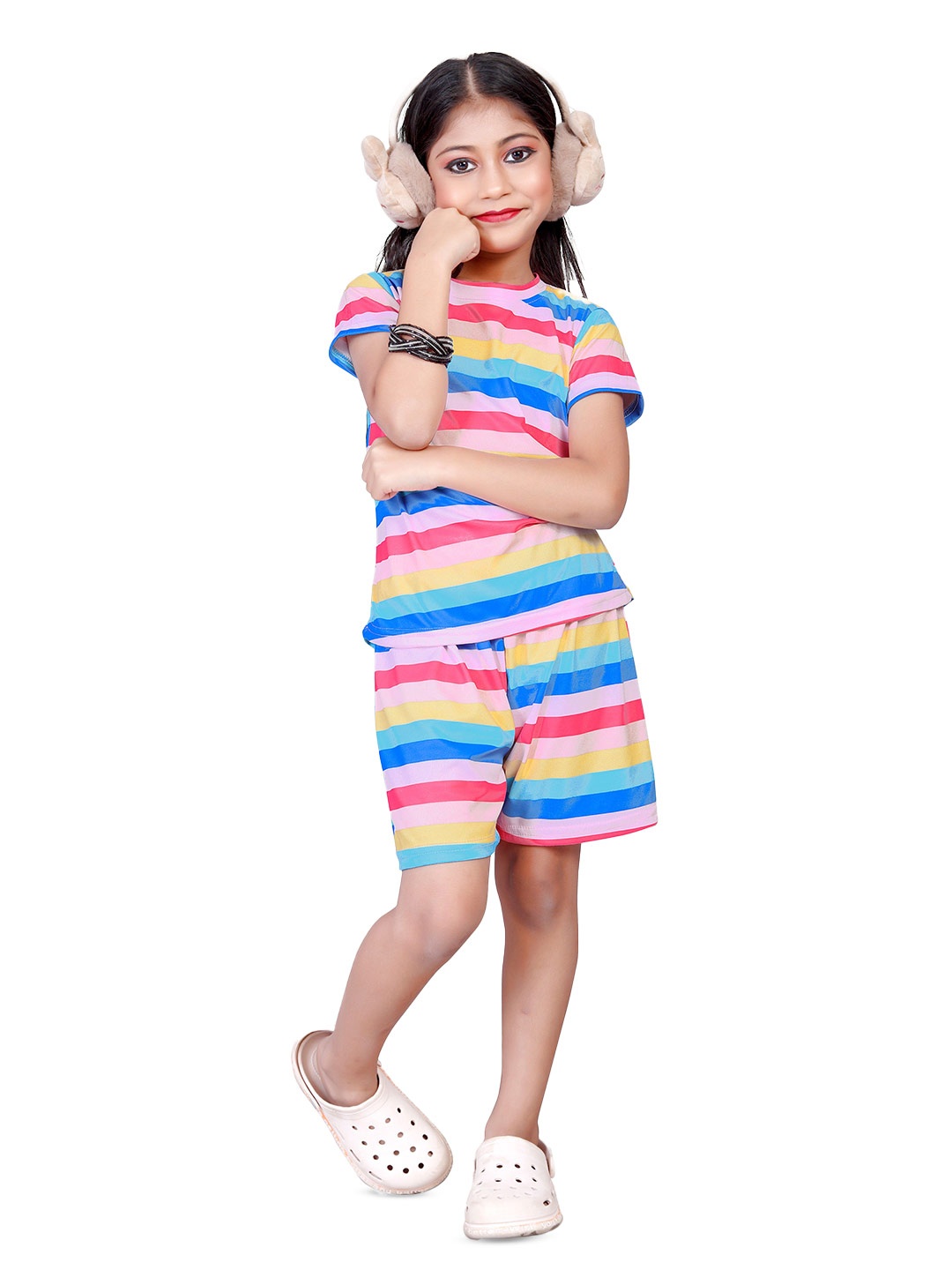 

4JSTAR Girls Striped T-Shirt and Shorts Night Suit, Pink