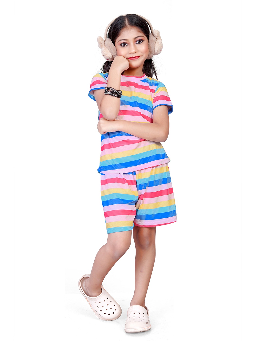 

4JSTAR Girls Striped T-Shirt and Shorts Night Suit, Pink