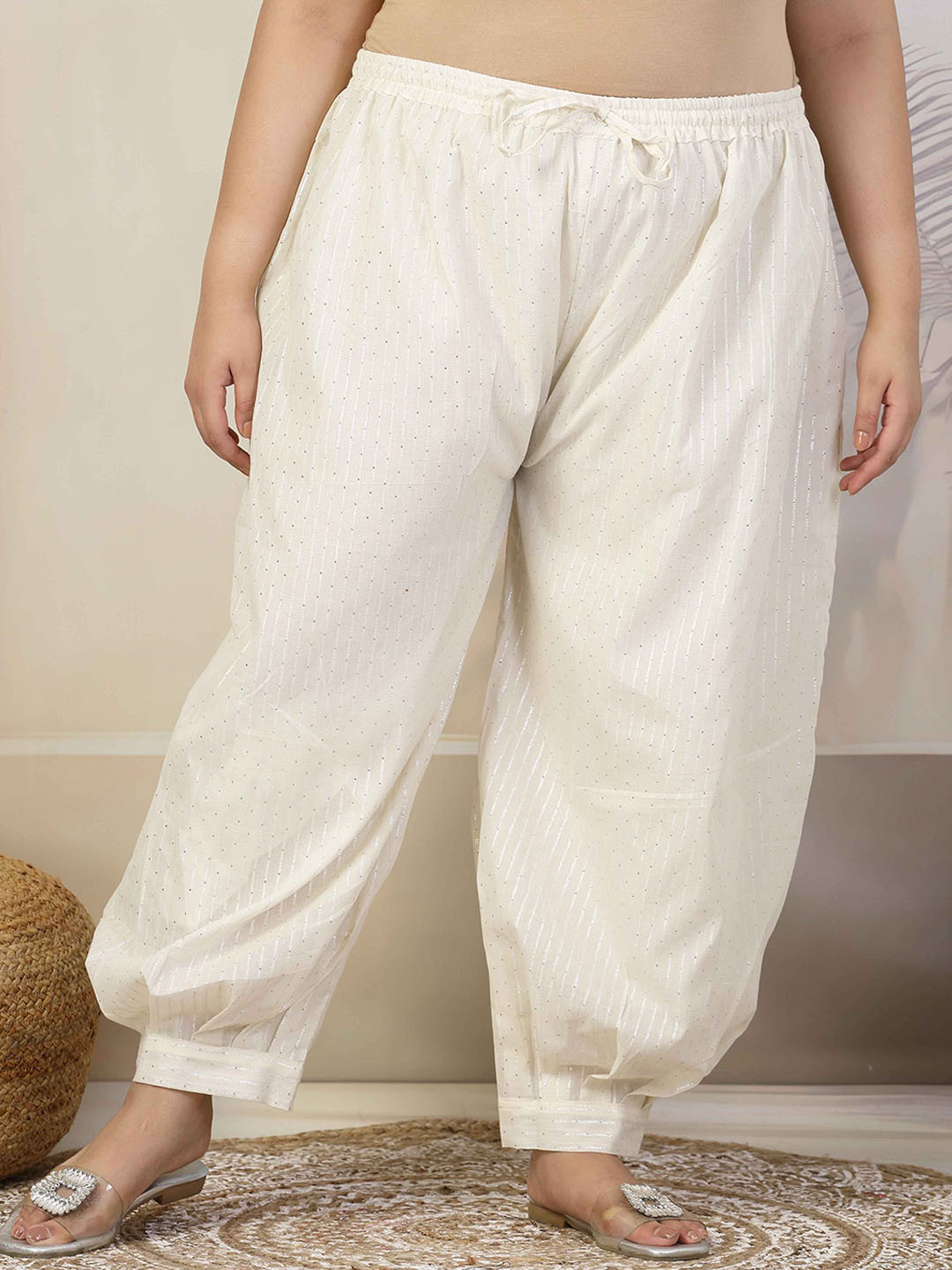 

CLORA CREATION PLUS Women Woven Design Loose Fit Cotton Salwar, Off white