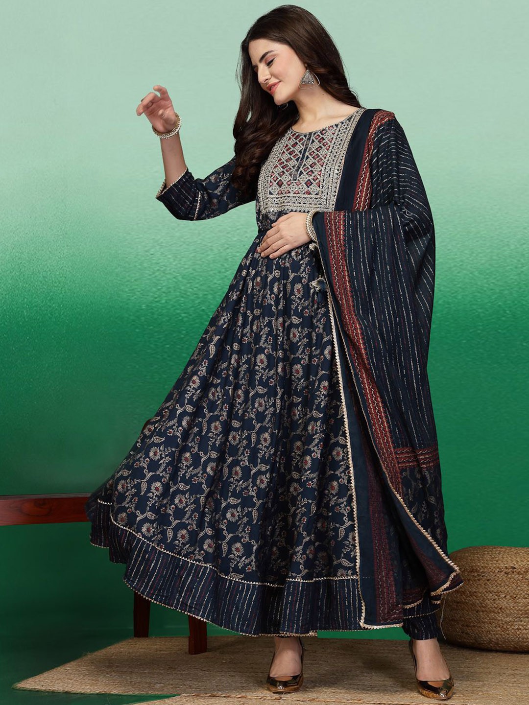 

Sangria Navy Blue Floral Printed Sequinned Anarkali Kurta With Trouser & Dupatta