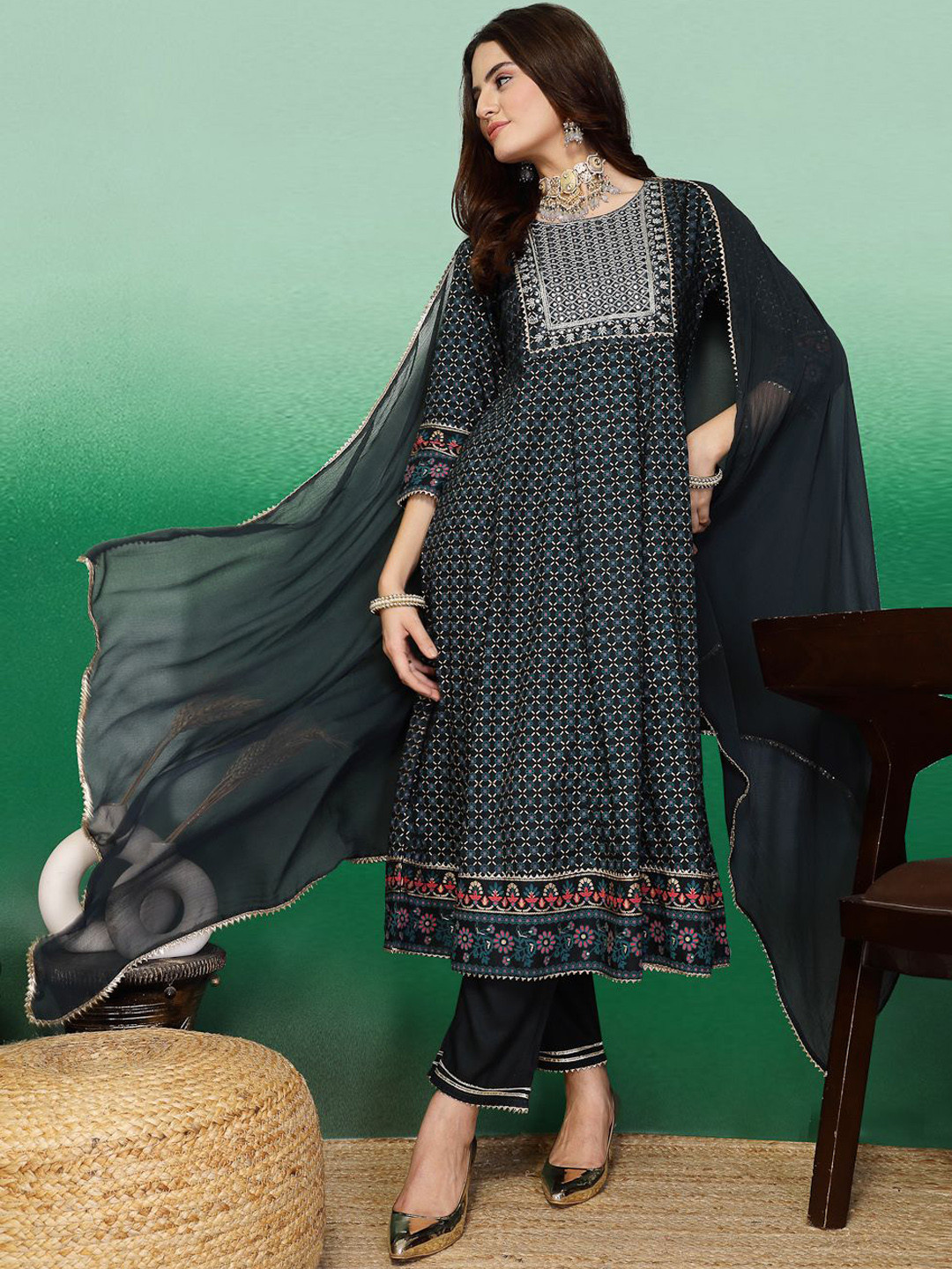 

Sangria Black Geometric Printed Mirror Work Anarkali Kurta With Trouser & Dupatta Set