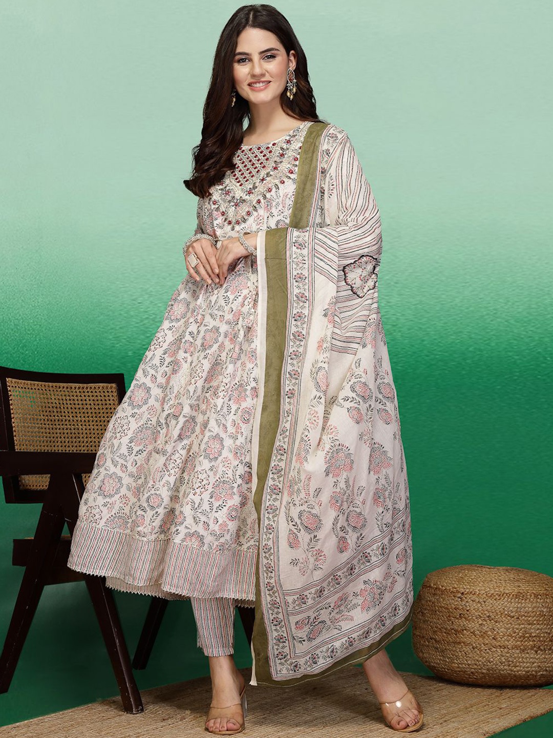 

Sangria Red Floral Printed Mirror Work Anarkali Kurta With Trouser & Dupatta