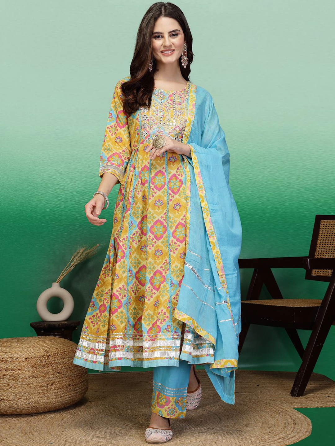 

Sangria Yellow Floral Printed Pure Cotton A-Line Kurta With Trouser & Dupatta