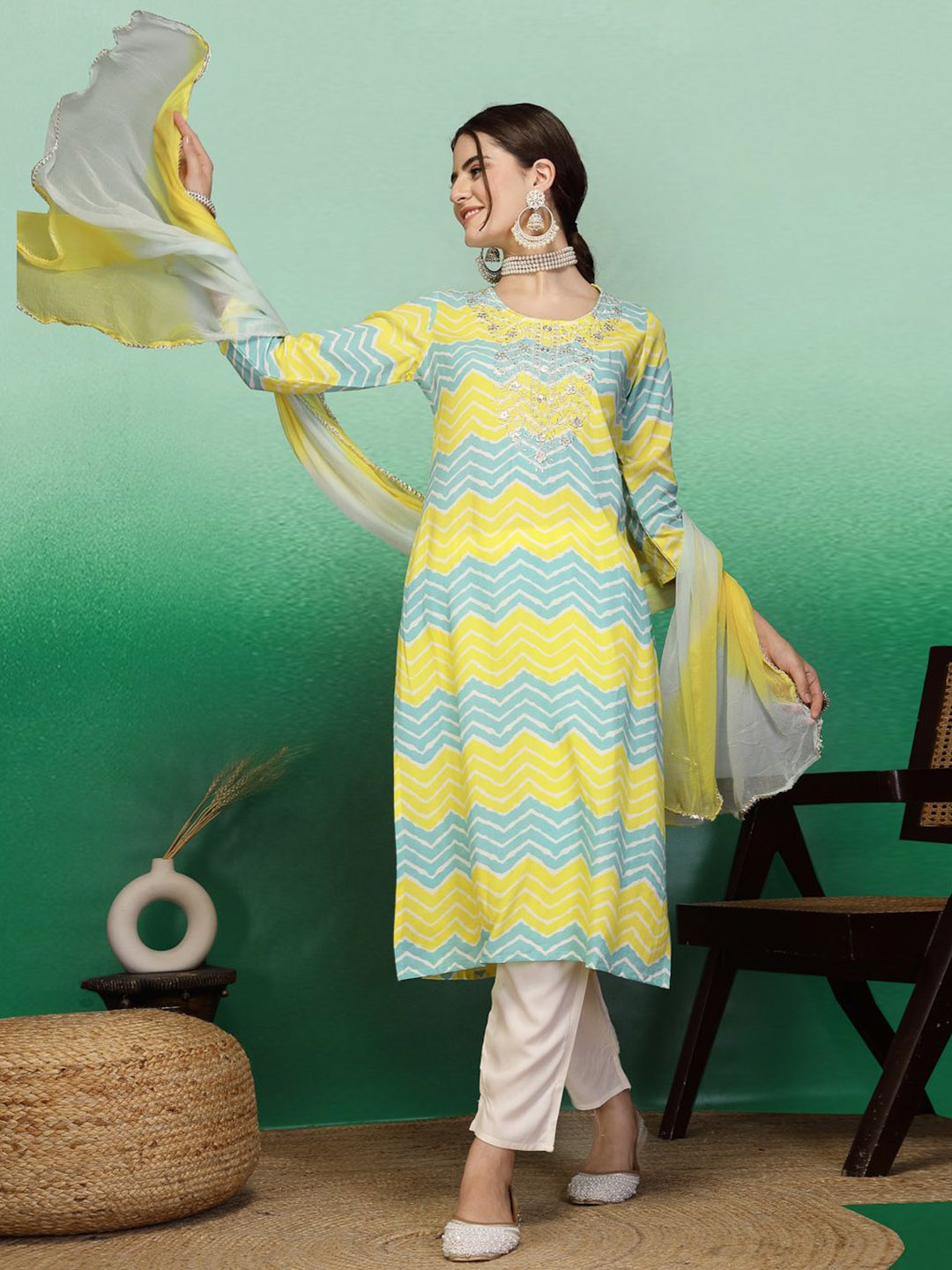 

Sangria Yellow Lehariya Printed Thread Work Straight Kurta With Trouser & Dupatta Set
