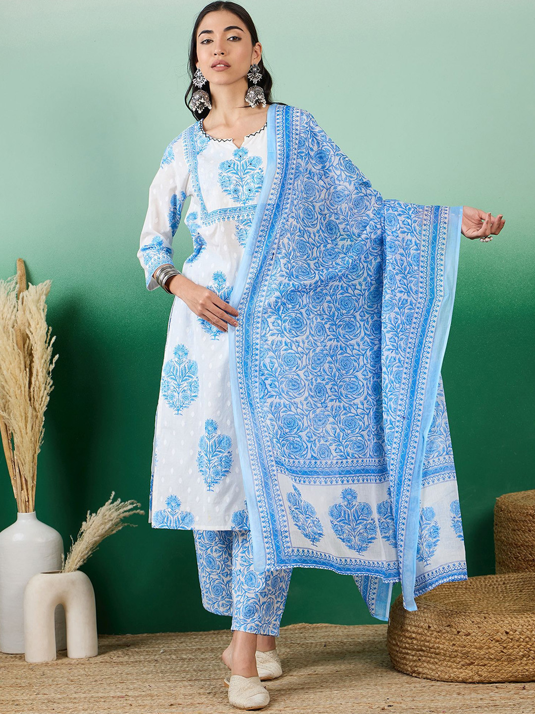 

Sangria Blue Floral Printed Pure Cotton Straight Kurta With Trouser & Dupatta, White