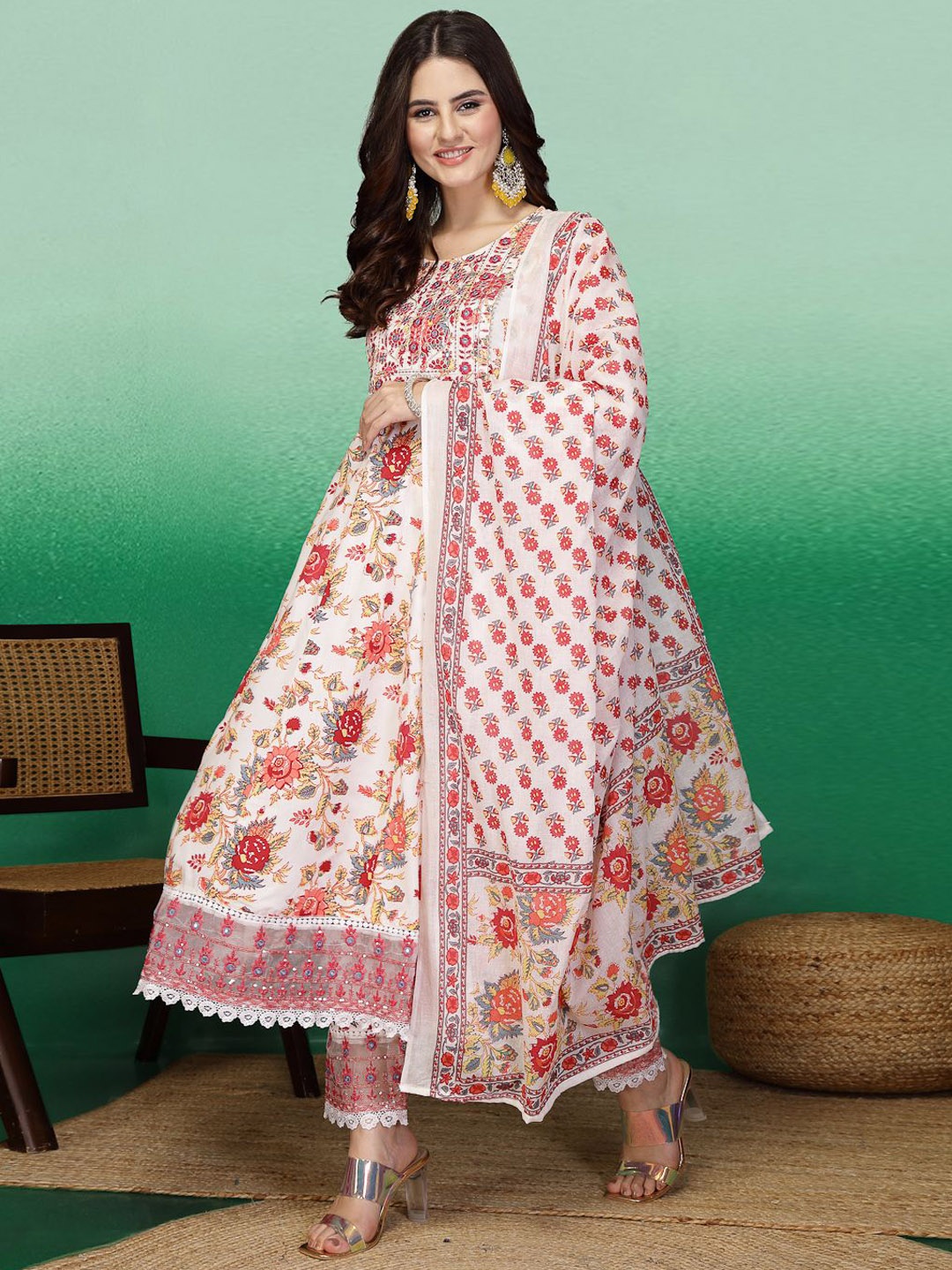 

Sangria Red & White Floral Printed Mirror Work Anarkali Kurta With Trouser & Dupatta
