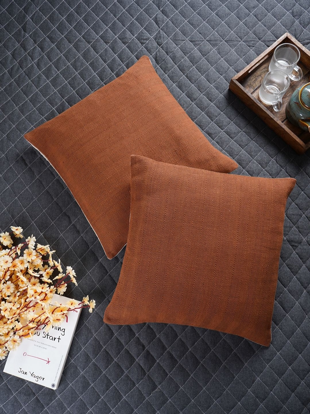 

Aura Brown & White 5 Pieces Cotton Square Cushion Covers