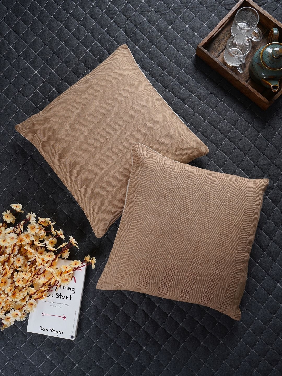 

Aura Brown & White 5 Pieces Cotton Square Cushion Covers