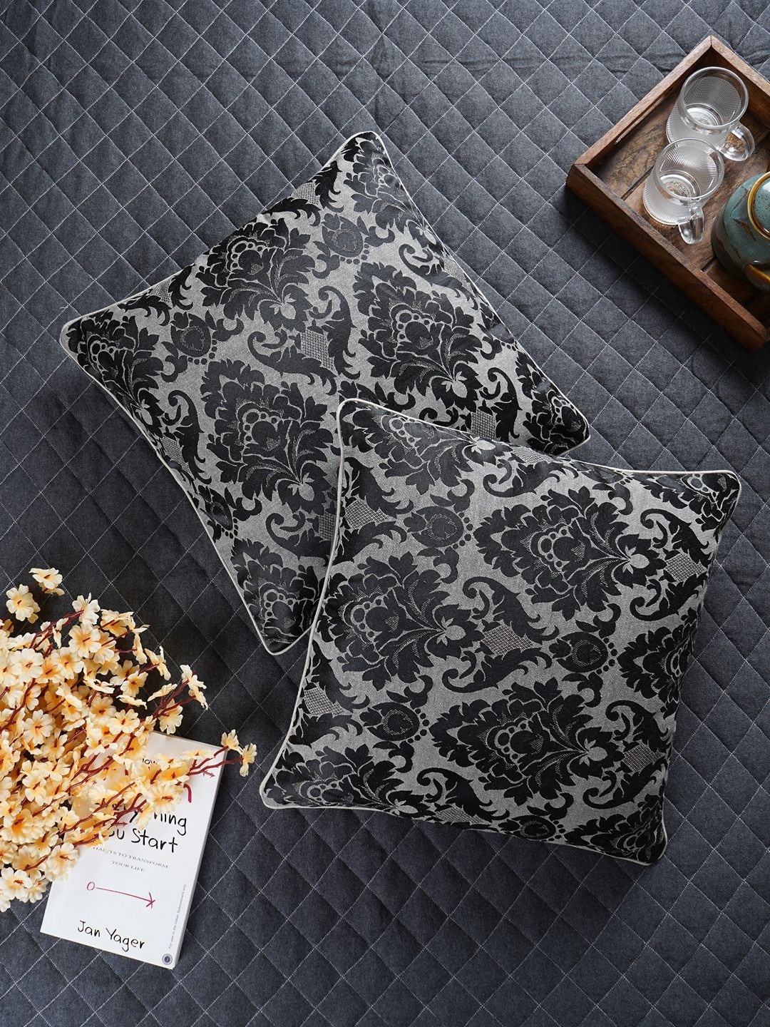 

Aura Black & Grey 5 Pieces Ethnic Motifs Cotton Square Cushion Covers