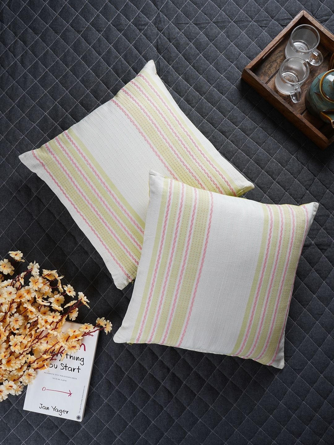 

Aura White & Yellow 5 Pieces Striped Cotton Square Cushion Covers