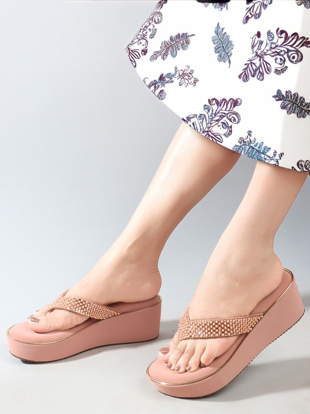 

DressBerry Embellished PU Open Toe Flatform Heels, Peach