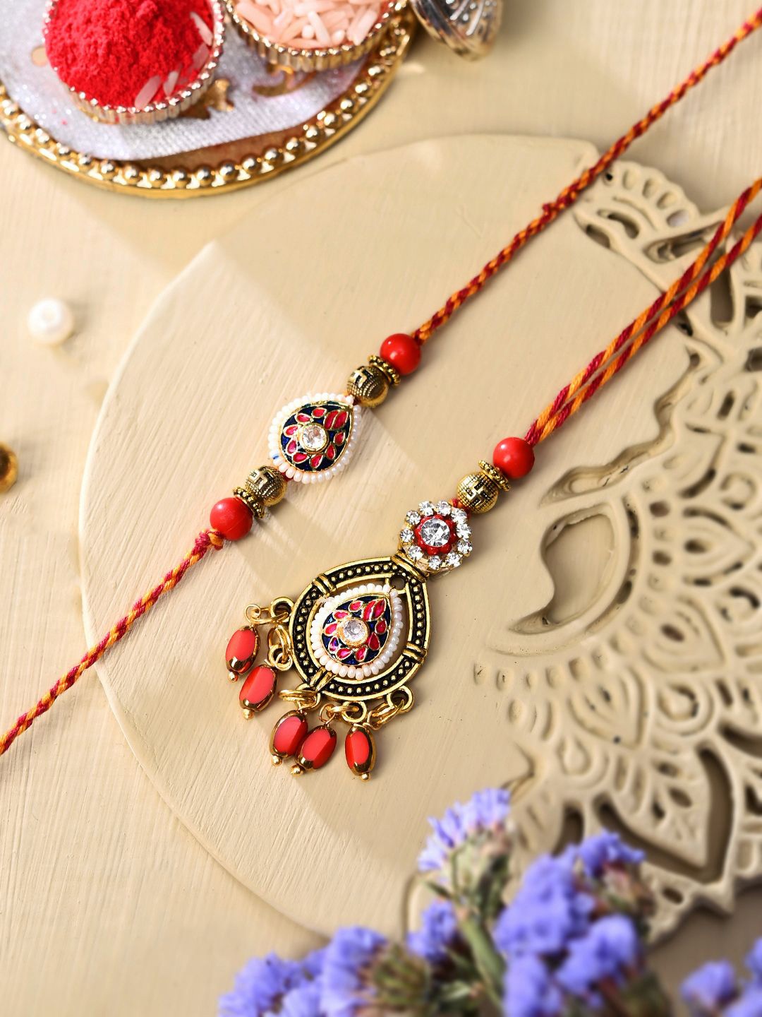 

Aapno Rajasthan Kundan-Beaded Bhaiya Bhabhi Rakhi Set with Box, Red