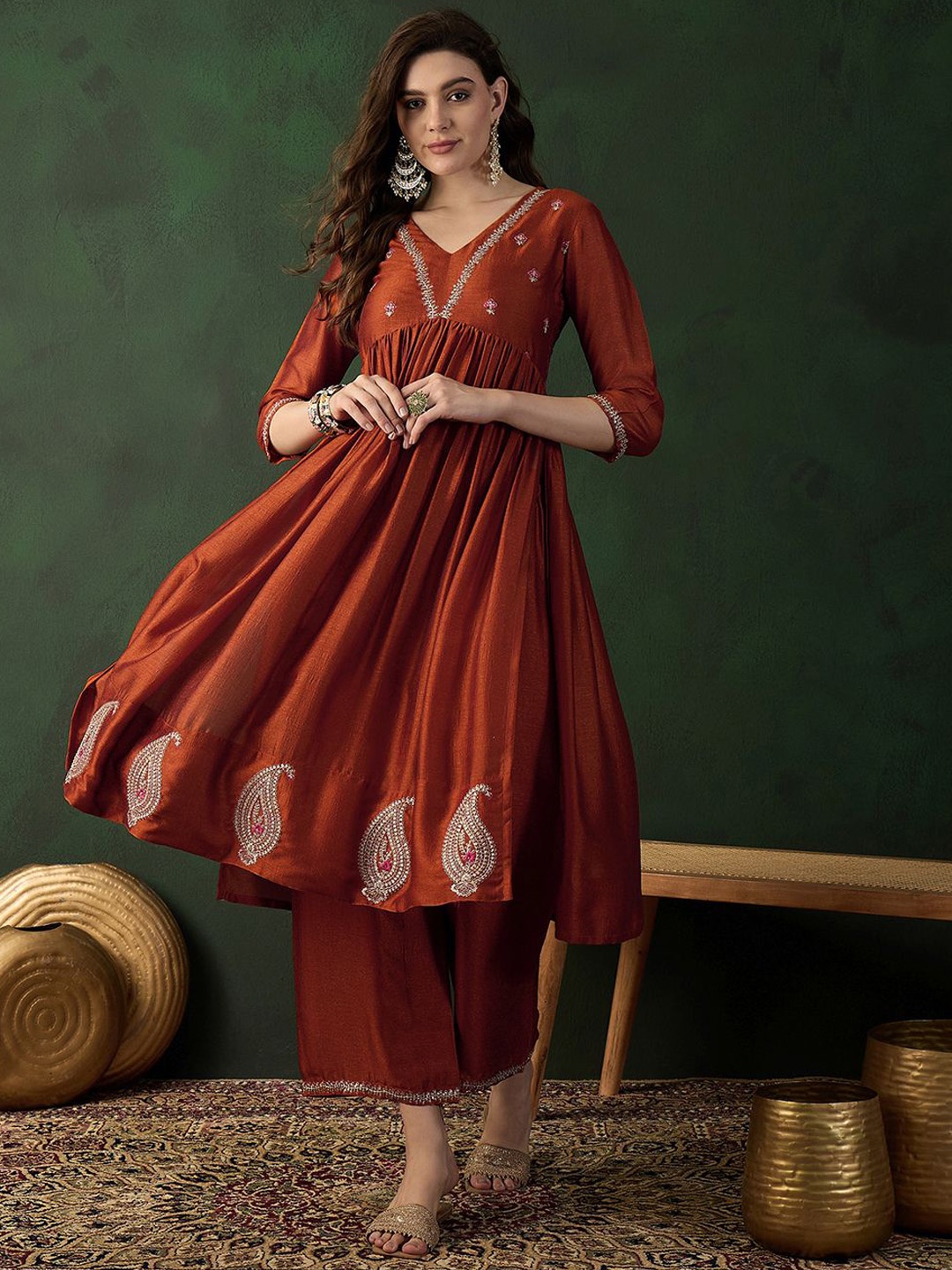 

Sangria Rust Brown Floral Embroidered Empire Anarkali Kurta With Palazzos