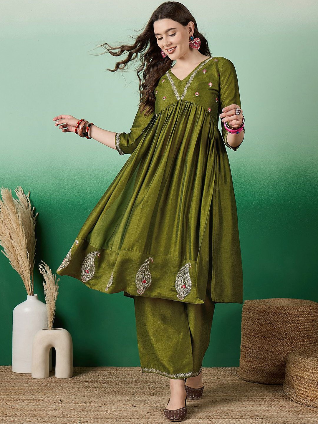

Sangria Olive Green Floral Embroidered Zari Empire Anarkali Kurta With Palazzos
