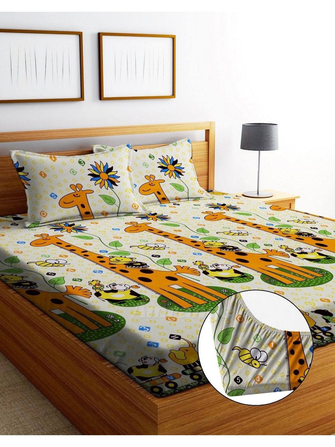 

AMRANGE Green & Orange Floral Fitted 250 TC King Bedsheet with 2 Pillow Covers