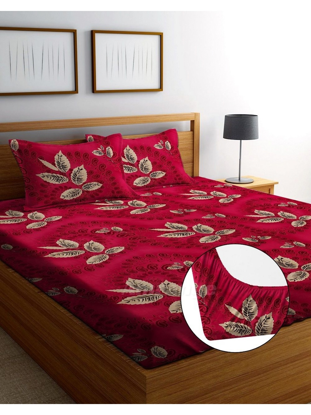 

AMRANGE Maroon & Brown Floral Fitted 250 TC King Bedsheet with 2 Pillow Covers