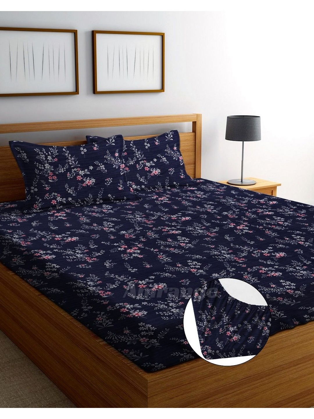 

AMRANGE Navy Blue & Pink Floral Fitted 250 TC King Bedsheet with 2 Pillow Covers