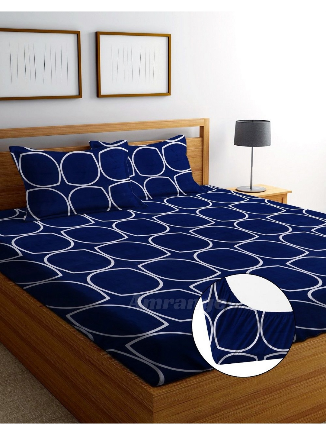 

AMRANGE Navy Blue & White Geometric Fitted 250 TC King Bedsheet with 2 Pillow Covers