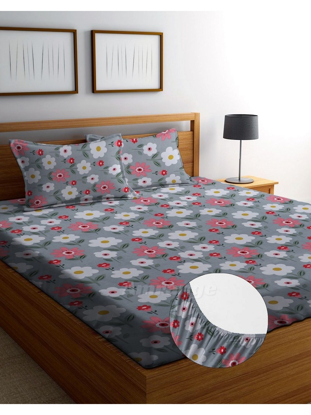 

AMRANGE Grey & Pink Floral Fitted 250 TC King Bedsheet with 2 Pillow Covers