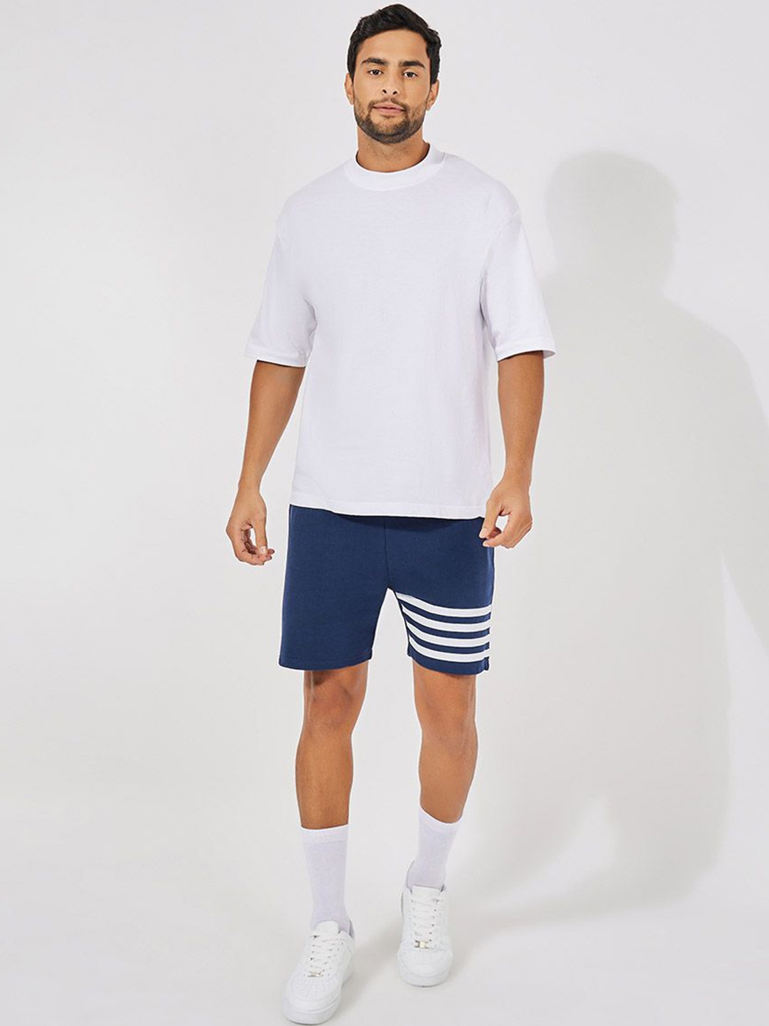 

Styli Men Navy Blue Striped Print Regular Fit Cotton Shorts
