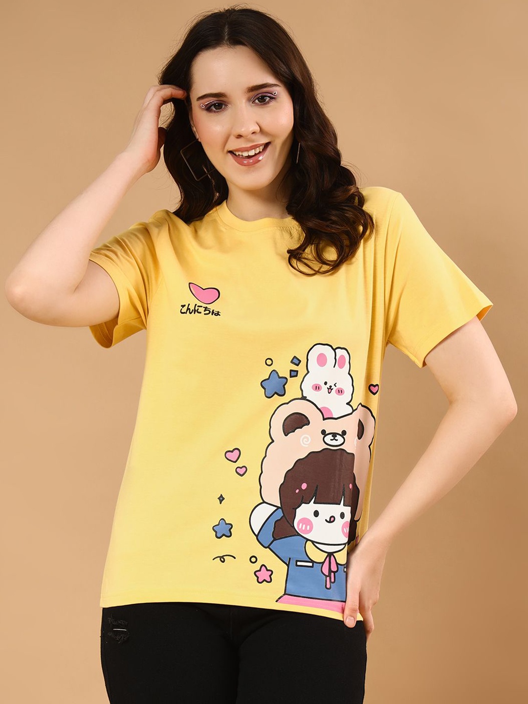 

The Dry State Women Graphic Printed Round Neck Cotton Oversized T-Shirt, Yellow