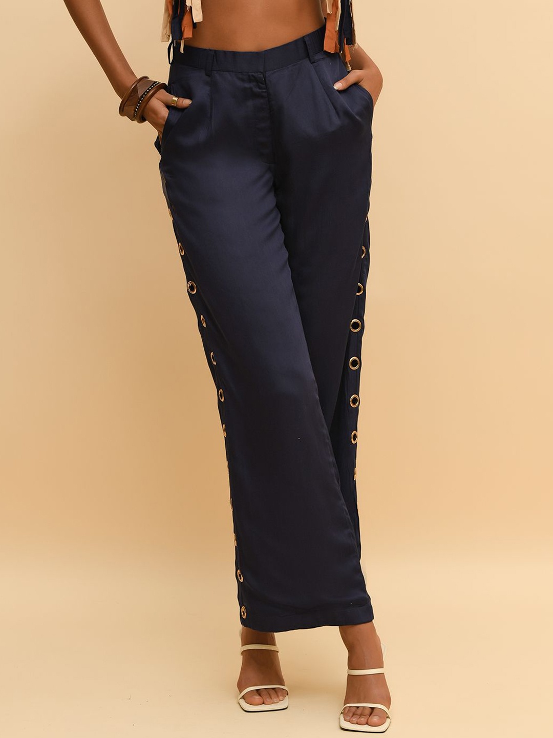

R.Y by Rishi and Vibhuti Women Relaxed High Rise Flared Trousers, Blue