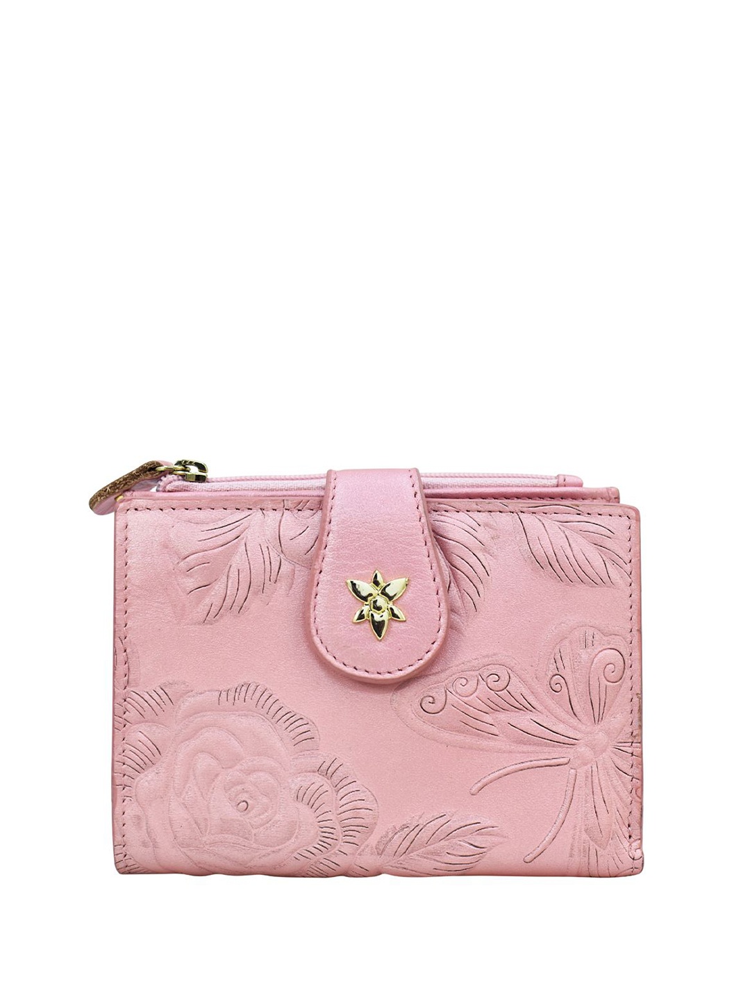 

Anuschka Women Floral Self Design Leather Two Fold Wallet, Pink