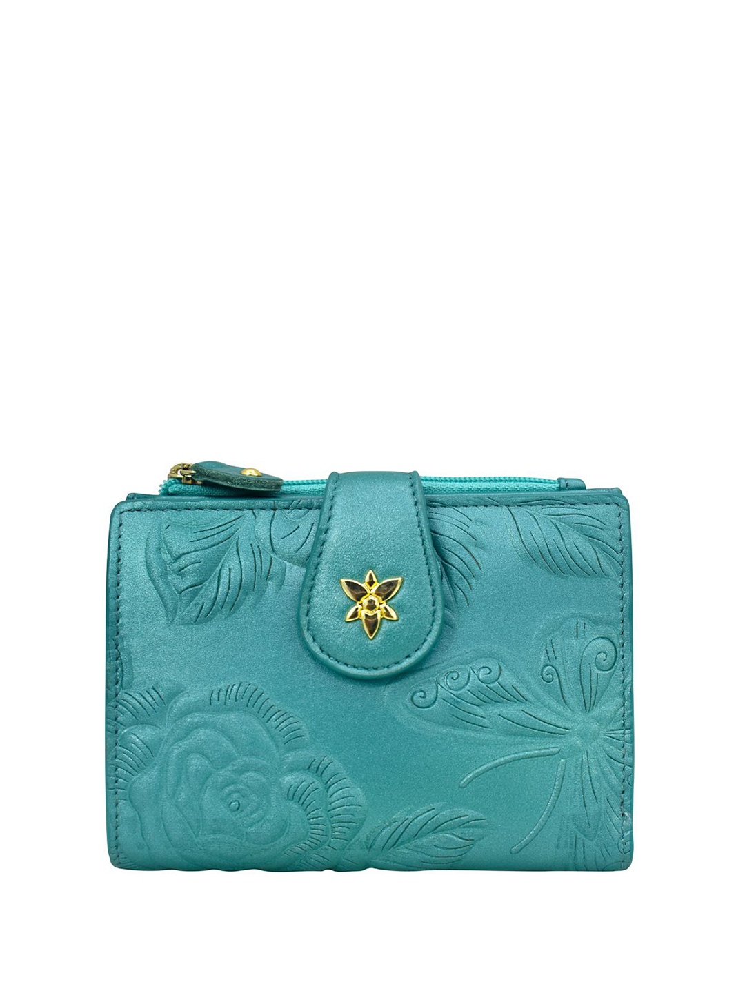 

Anuschka Women Self Design Button Closure Leather Two Fold Wallet, Teal