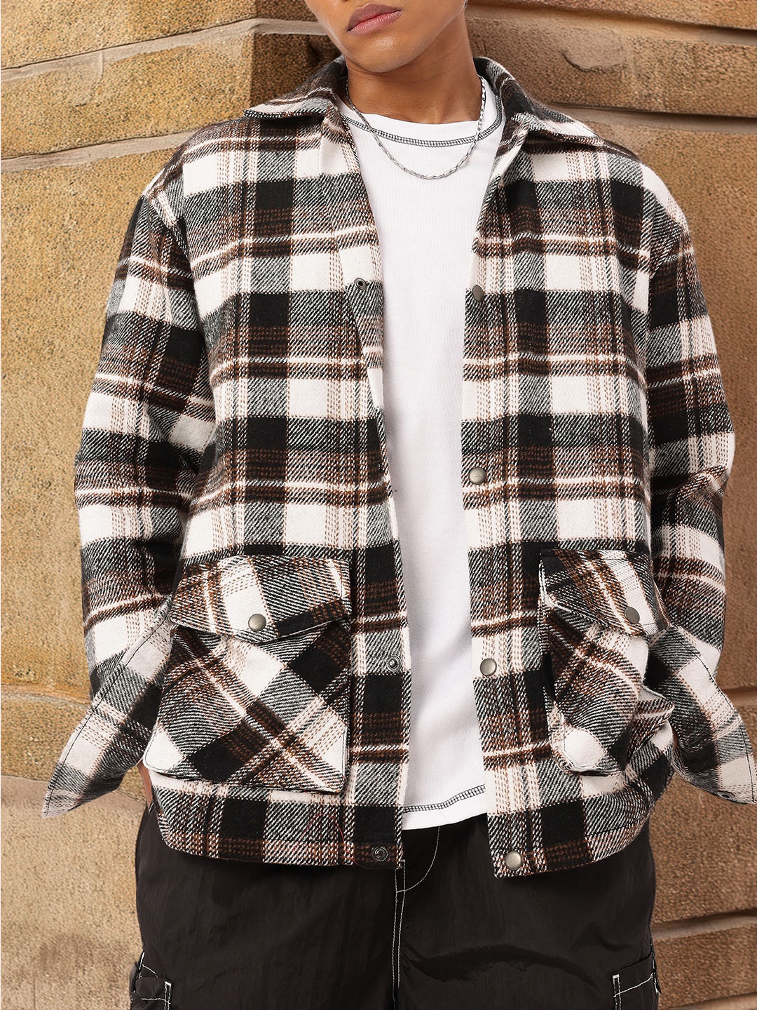 

Kook N Keech Edgy Touch Checked Flannel Weave Relaxed Fit Shirt, White