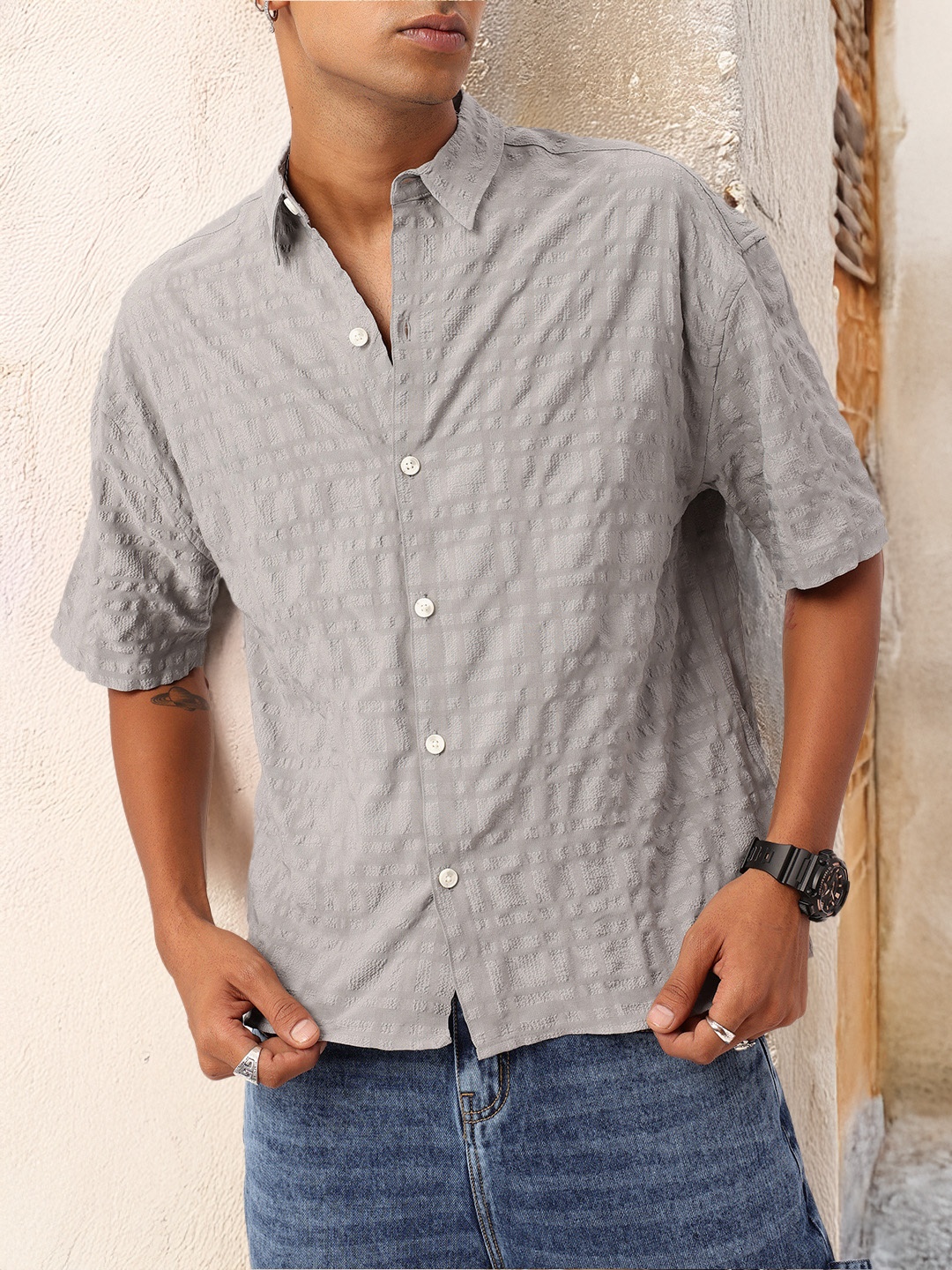 

Kook N Keech Urban Cool Popcorn Texture Relaxed Fit Shirt, Grey