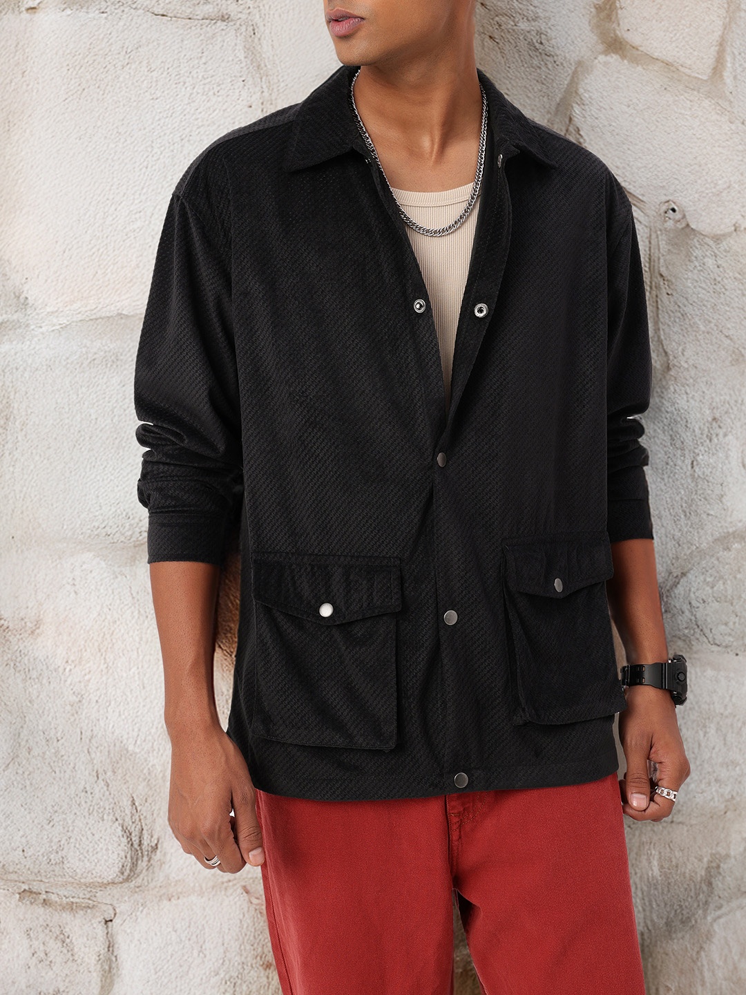 

Kook N Keech Korean Cool Velvet Feel Textured Oversized Shirt, Black