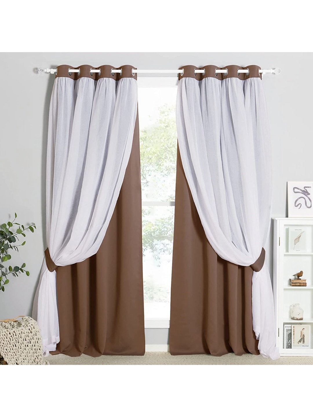 

BFAM Brown & White Black Out Window Curtains