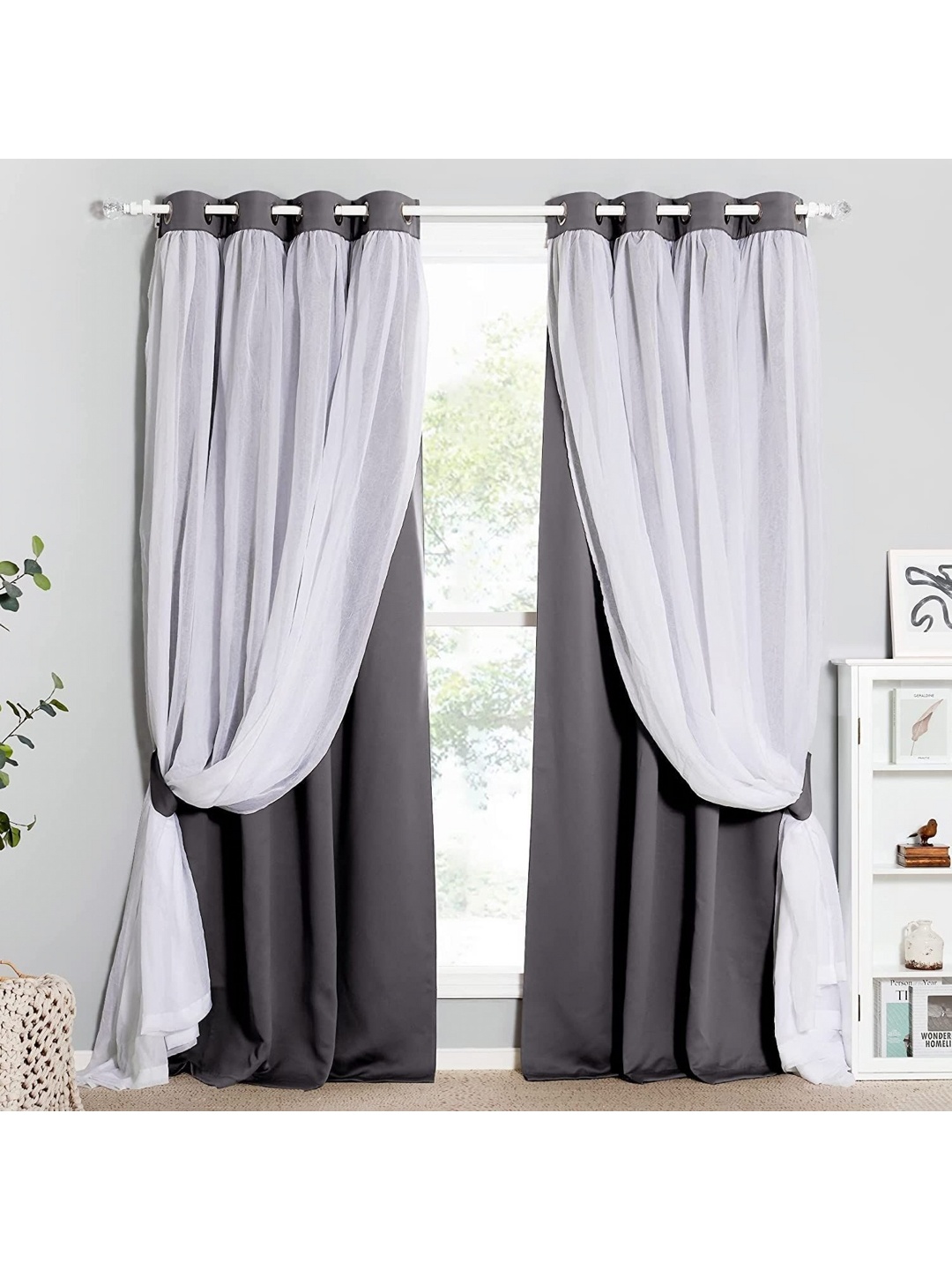 

BFAM Grey & White Double Layered Sheer & Black Out Long Door Curtain