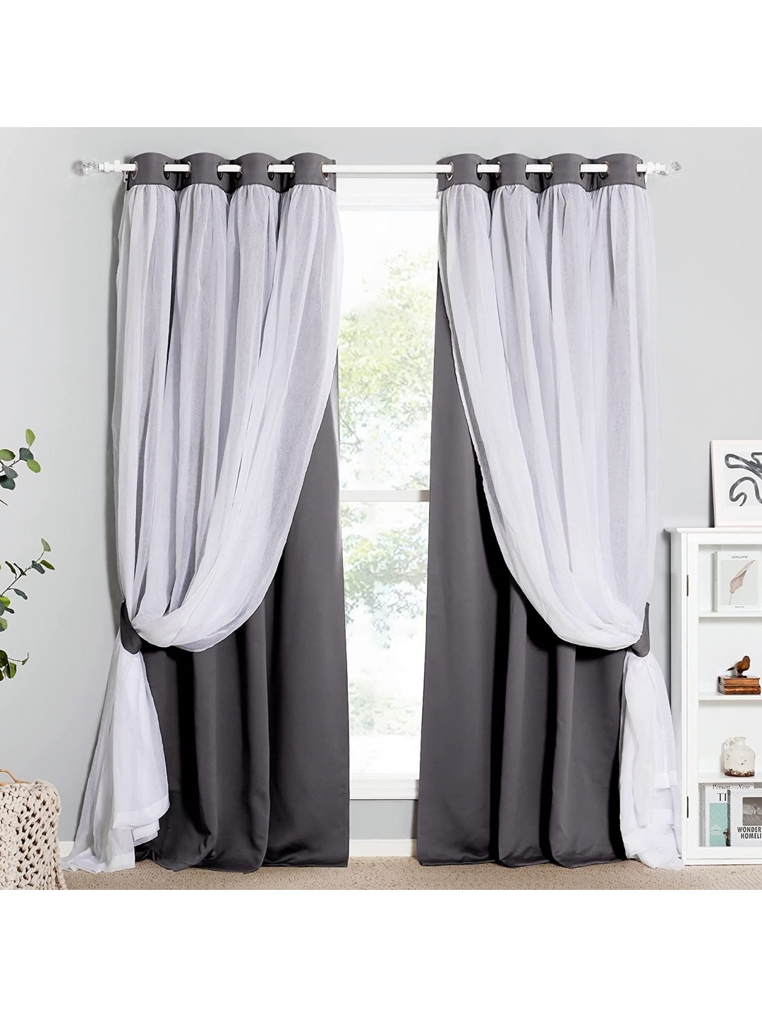 

BFAM Grey & White 2 Pieces Double Layer Sheer & Black Out Long Door Curtains