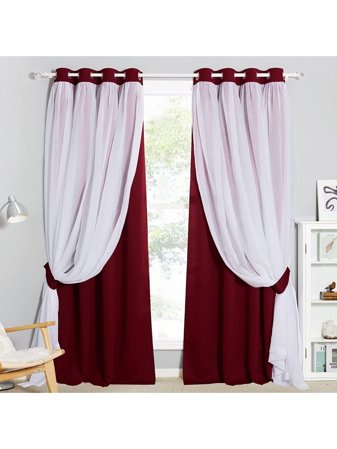 

BFAM Maroon & White Double Layer Sheer & Black Out Window Curtain