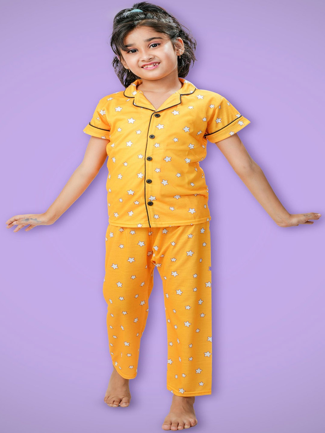 

BURBN Girls Printed Lapel Collar Night suit, Yellow