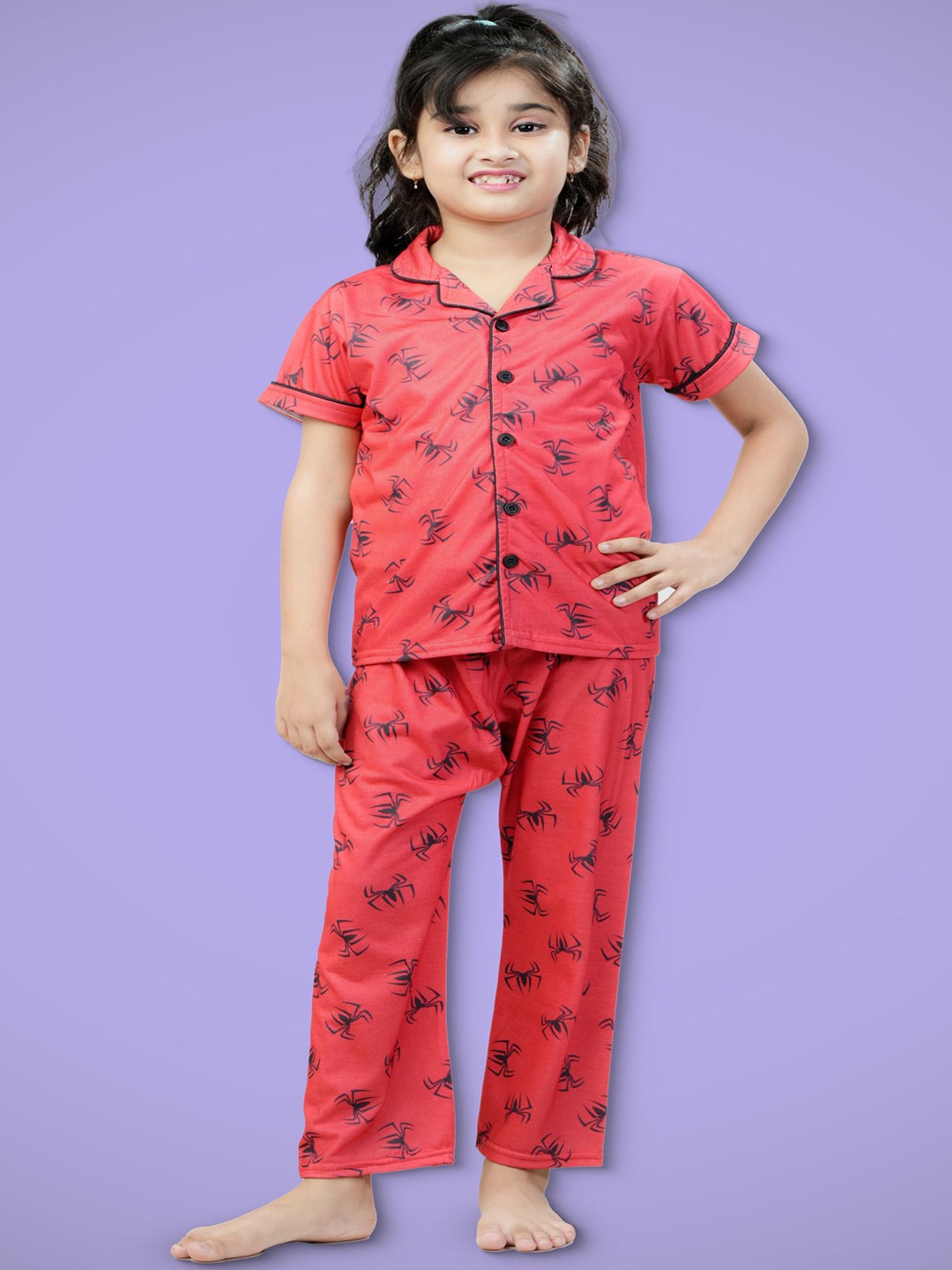 

BURBN Girls Lapel Collar Printed Short Sleeves Night suit, Red