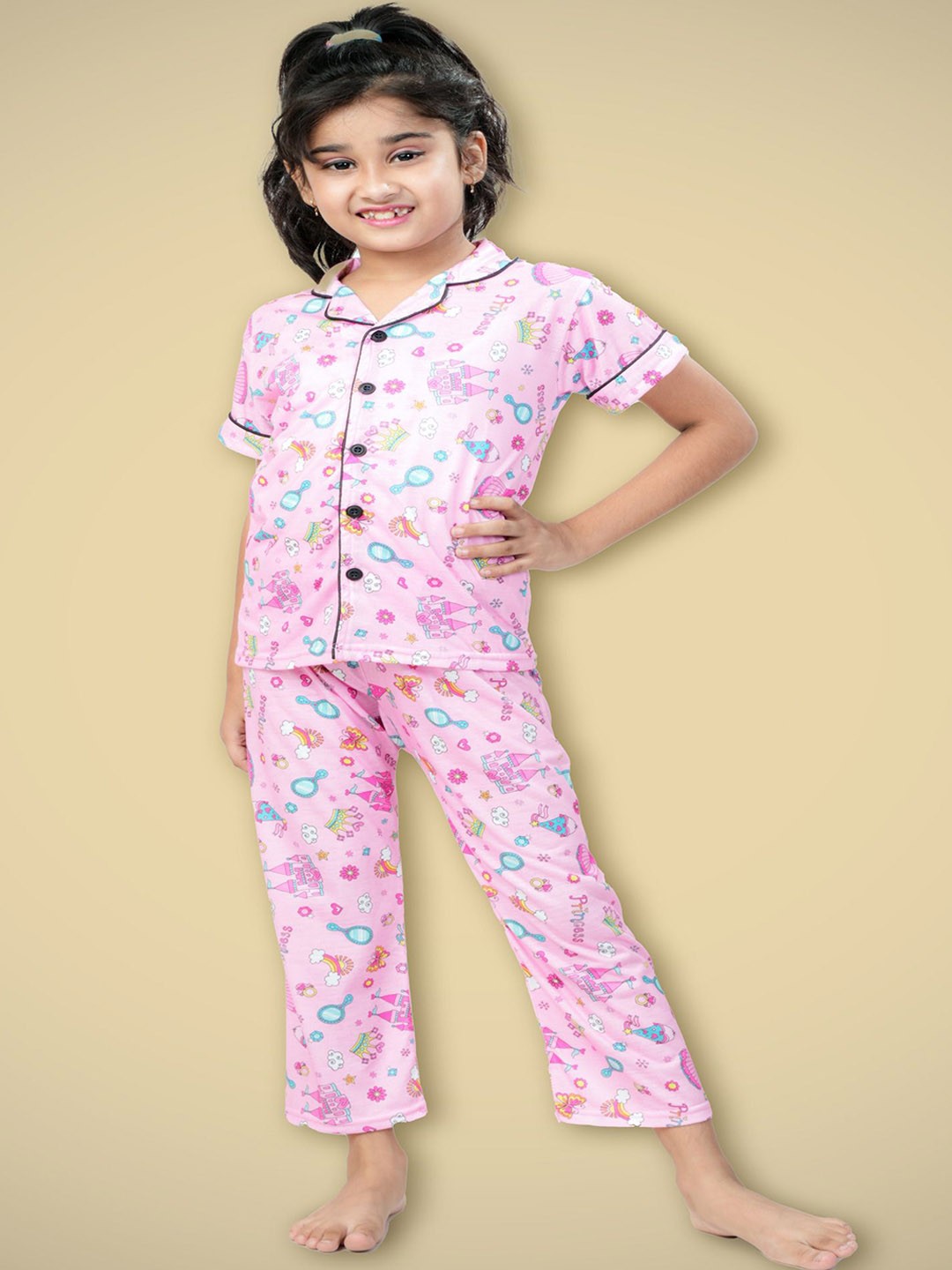 

BURBN Girls Printed Shirt and Pyjamas Night suit, Pink