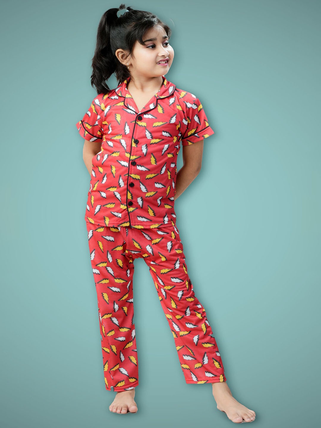 

BURBN Girls Printed Shirt And Pyjamas Night Suit, Red