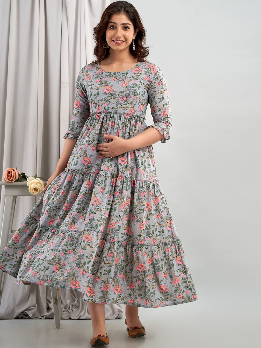 

VARICOS Floral Printed Pure Cotton Fit & Flare Midi Maternity Ethnic Dress, Grey