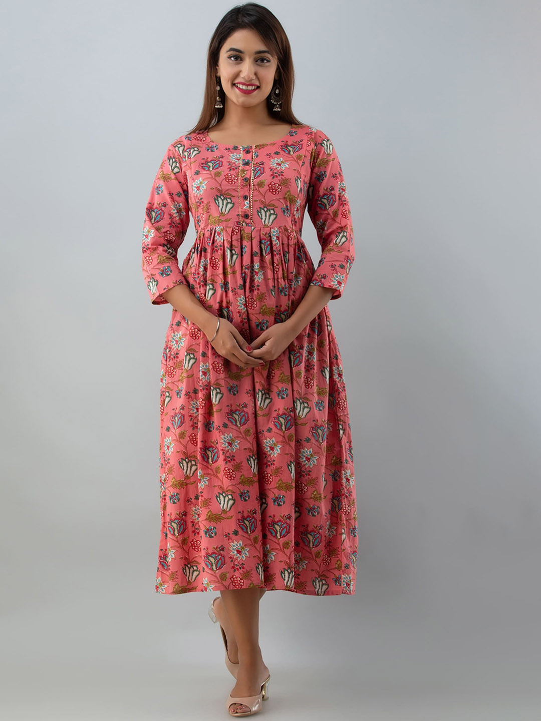 

VARICOS Floral Printed Thread Work Cotton Maternity Anarkali Kurta, Pink