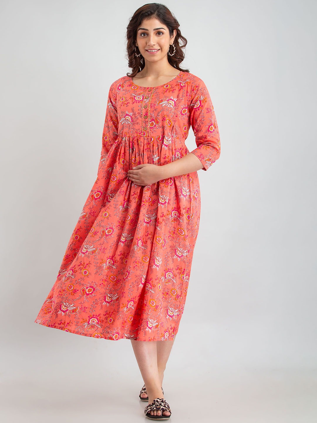VARICOS Floral Printed Fit and Flare Maternity Midi Ethnic Dress, Pink