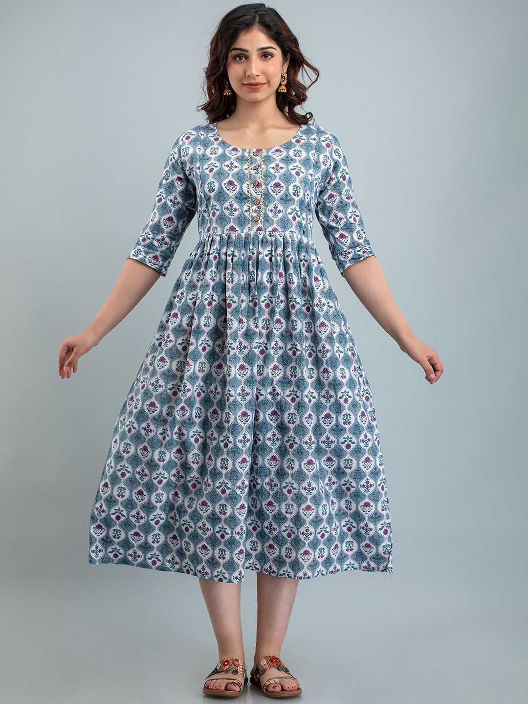 

VARICOS Floral Printed Gathered Maternity Cotton Fit & Flare Midi Ethnic Dress, Blue
