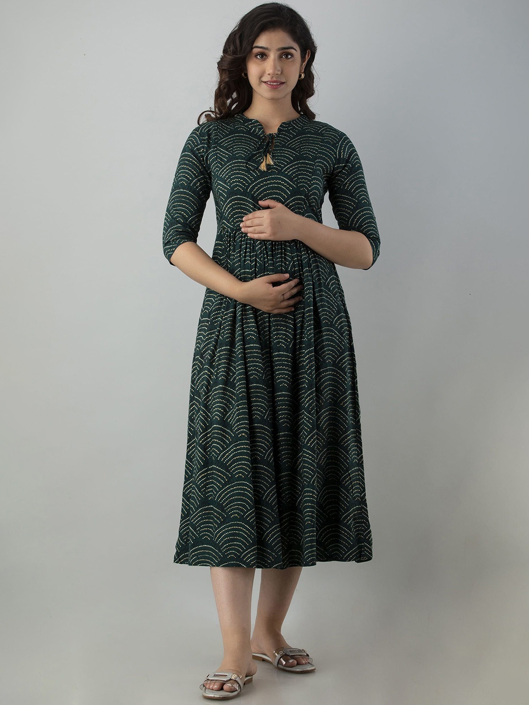 

VARICOS Geometric Printed Gathered Maternity Fit & Flare Midi Ethnic Dress, Green