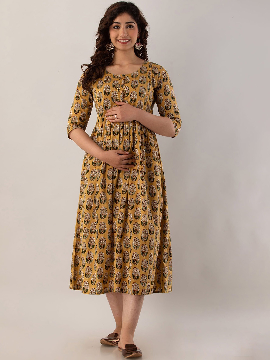 

VARICOS Floral Printed Pure Cotton Fit & Flare Midi Maternity Ethnic Dress, Mustard